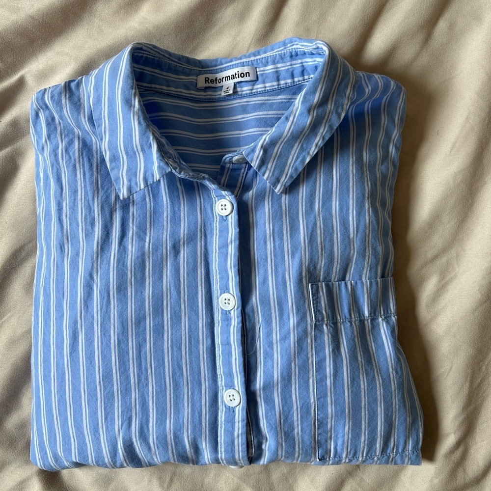 Light blue pin-stripe Reformation shirt